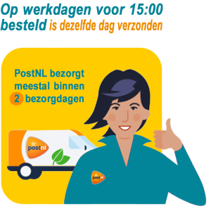 Op werkdagen voor 15:00 besteld is dezelfde dag bij PostNL